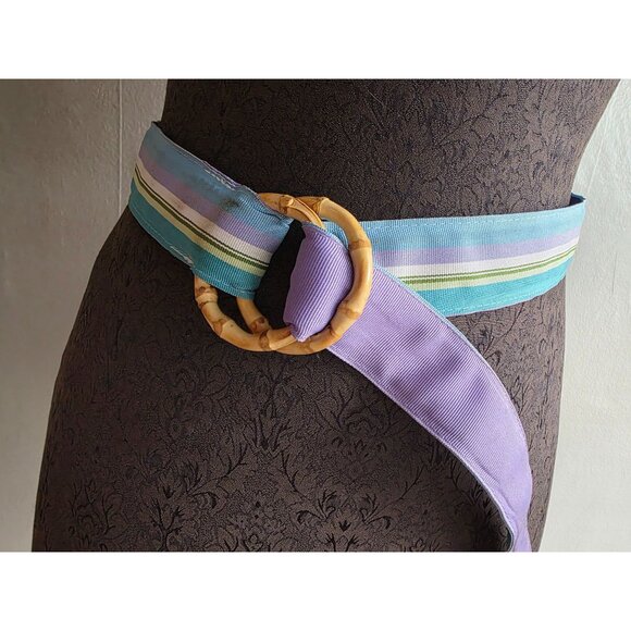 Eliza B Leather Man Womens Belt Medium With Bamboo Buckle & Striped Design - Picture 1 of 8